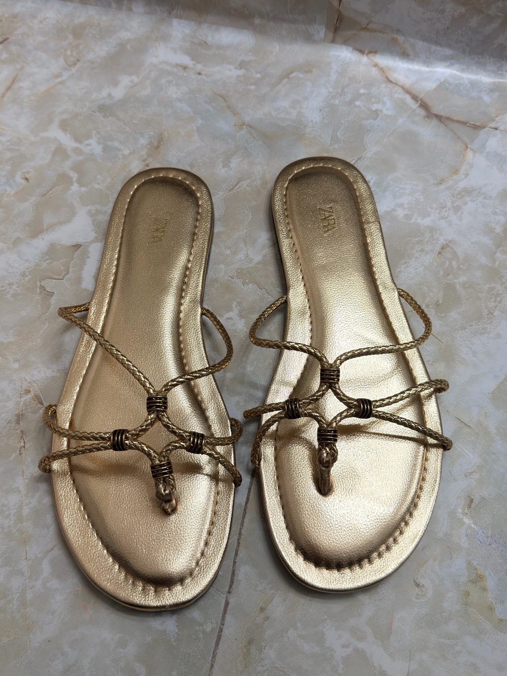 Zara Metallic Gold Braided Strap Slide Sandals